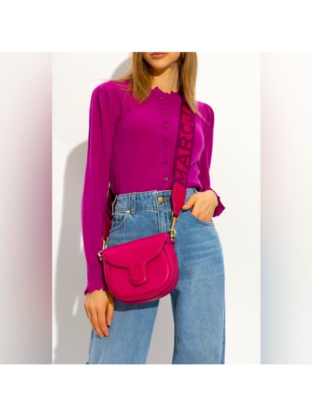 Marc Jacobs Lipstick Pink Calfskin J Marc Saddle Crossbody Bag with Logo Strap